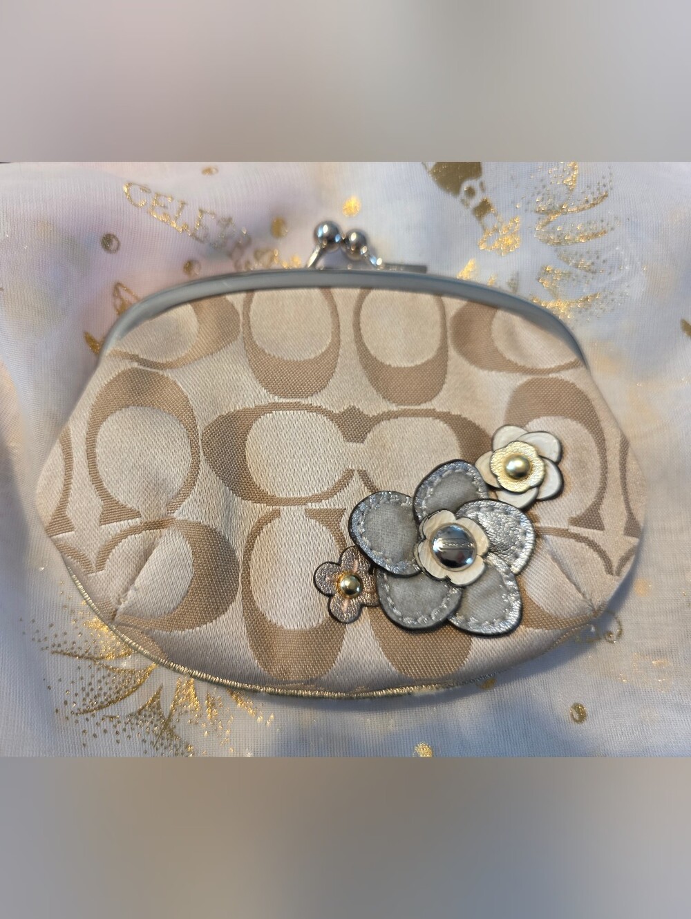 Coach Beige Signature Floral Kisslock Coin Purse with Metallic Accents